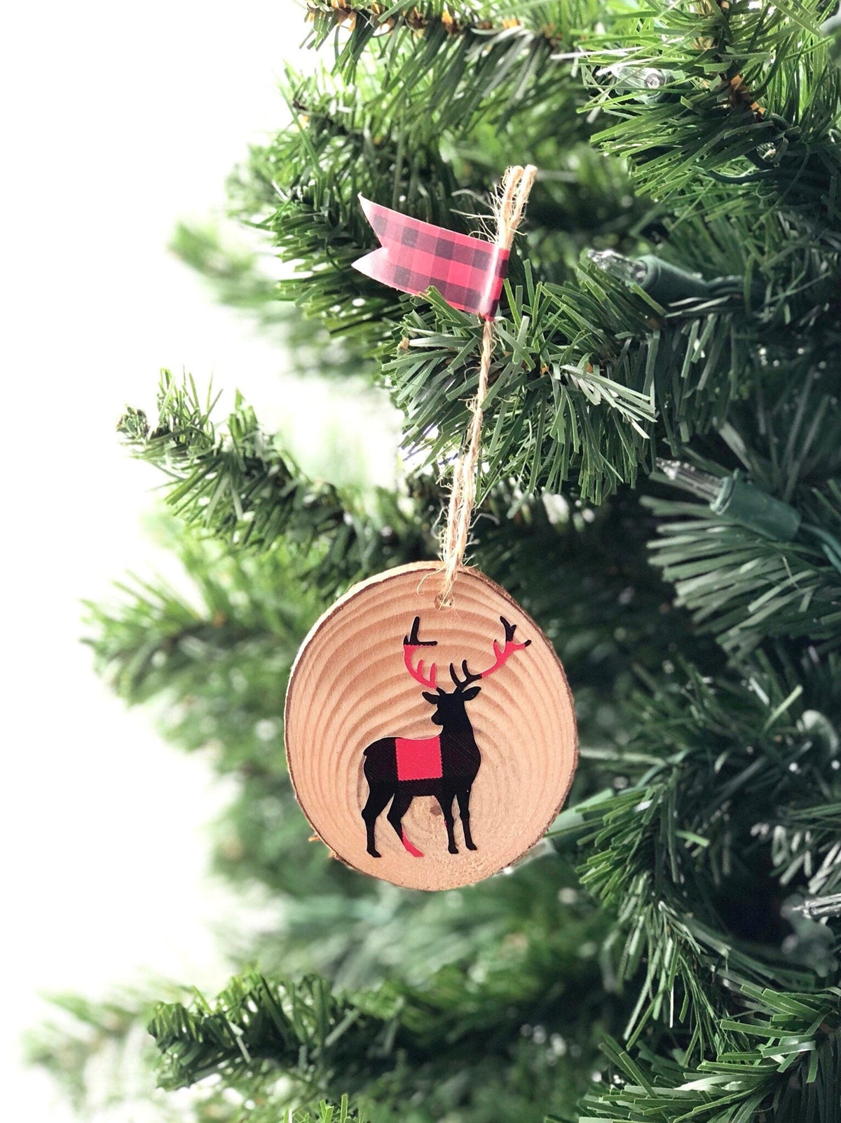 Wood Slice Buffalo Plaid Deer Ornament - Stesha Party